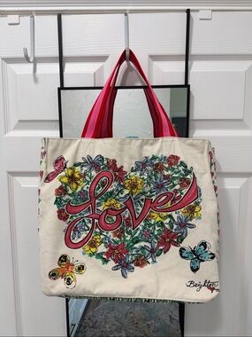 Brighton Cream Canvas Tote with Pink Striped Handles and Floral Heart